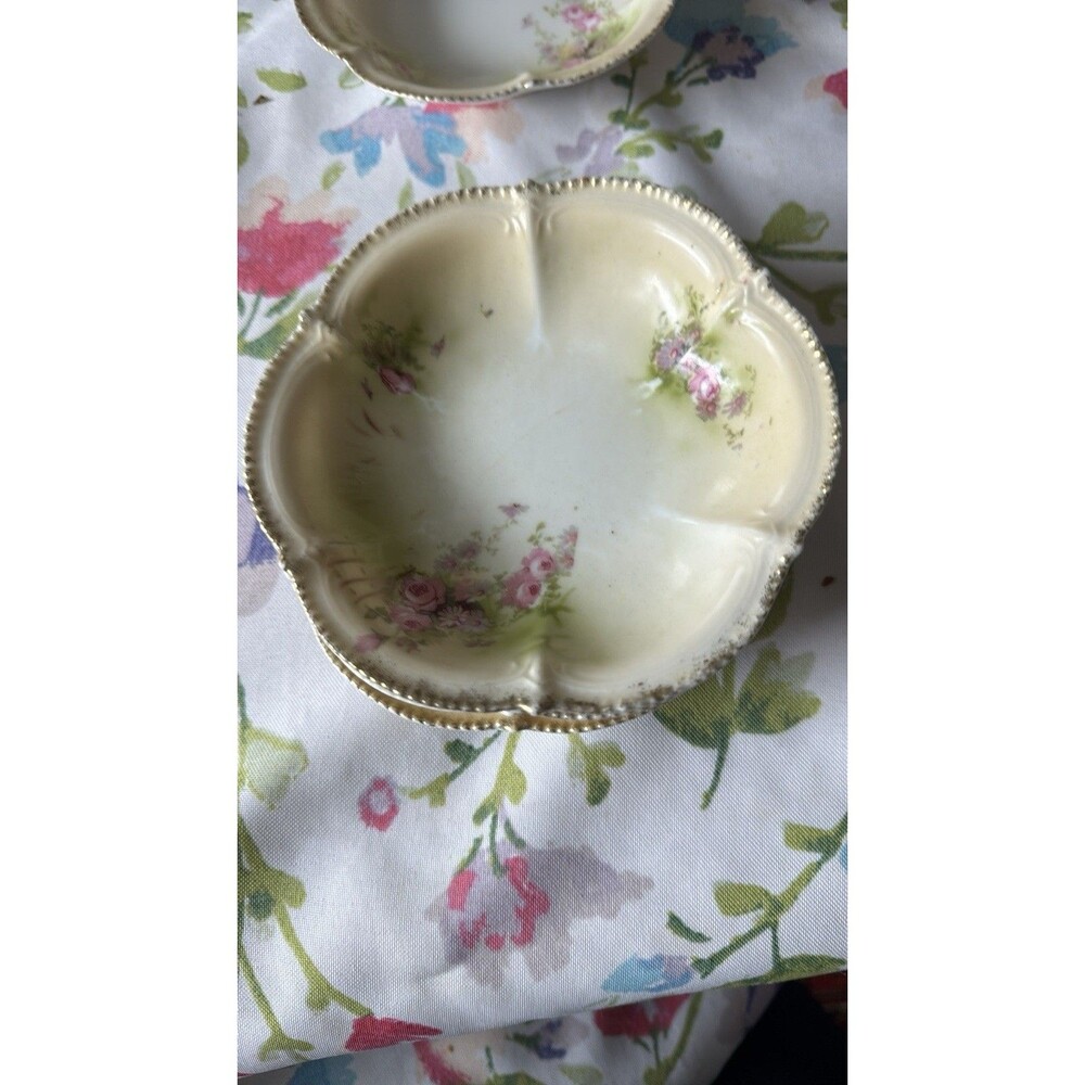 5 Prussia Germany Berry Bowls 5" Pink Rose Flowers  Yellow Gold Dainty Trim